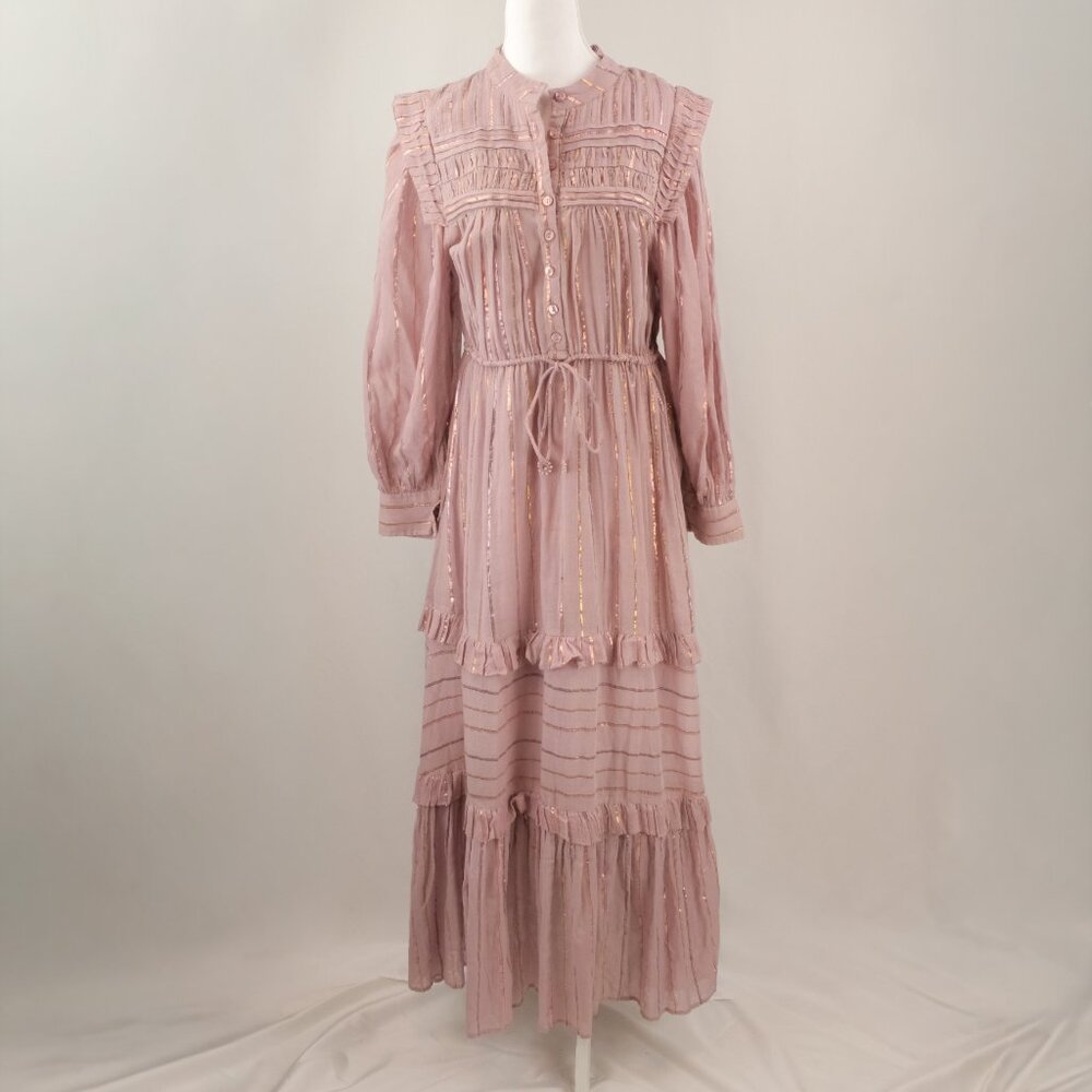 Farm Rio Metallic Striped Tiered Maxi Dress, Dusty Pink, Medium